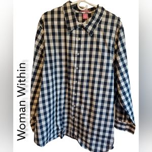 NWOT blue and white checked button-down shirt from Woman Within, size 2X